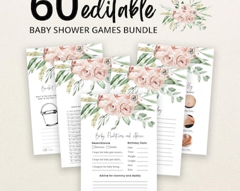 Può includere: Un set di 60 schede di gioco modificabili per baby shower con un motivo floreale di rose rosa e foglie verdi. Le schede includono testo come Baby Predictions and Advice, linee vuote per scrivere e un'illustrazione di un secchiello su una scheda.