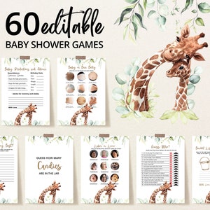 Editable Giraffe Baby Shower Game Bundle, Greenery Giraffe Baby Shower Game Pack, Boy Safari Jungle Baby Shower Games, Tropical, BBS334