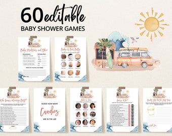Editable Gender Neutral Baby on Board Baby Shower Game Bundle, Surfing Baby Shower Game Pack, Beach Summer Baby Shower Games, BBS671