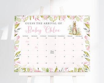 May include: A pink and green floral baby shower game with a calendar to guess the arrival date of Baby Chloe. The due date is marked on the calendar. The game features a watercolor illustration of a bunny rabbit.