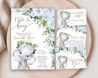 May include: A baby shower invitation set featuring a watercolor elephant with a blue floral crown, green leaves, and gold text. The set includes an invitation, a diaper raffle card, a books for baby card, and a thank you card on white paper.