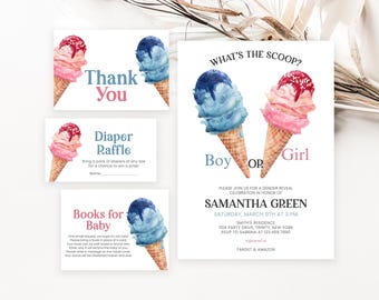 Op de afbeelding: Een set babyborrelkaarten met illustraties van ijshoorntjes. De uitnodiging luidt "What's the Scoop? Boy or Girl?" met evenementdetails. Andere kaarten bevatten "Thank You", "Diaper Raffle" en "Books for Baby". De ijsbollen zijn roze en blauw.