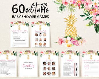 Editable Pineapple Baby Shower Game Bundle, Tropical Pineapple Girl Baby Shower Games, Aloha Pineapple Baby Shower Game Bundle, BBS307