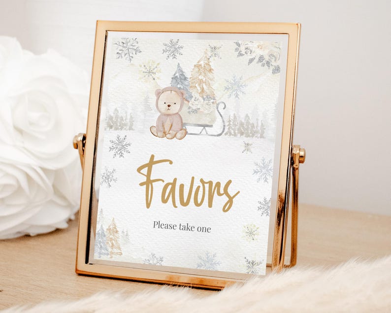 Editable Winter Bear Baby Shower Table Sign, We Can Bearly Wait Neutral
