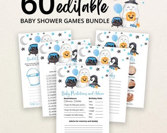 Op de afbeelding: Een bundel van 60 bewerkbare babyshower-spelkaarten met een aquarelgeest met een heksenhoed, een pompoen, een zwarte ketel, een blauwe ballon en sterren. De kaarten bevatten tekst zoals Baby Predictions and Advice, met lijnen om op te schrijven, op een witte achtergrond.