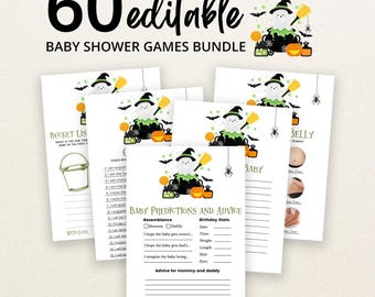 May include: A bundle of 60 editable baby shower game cards featuring a Halloween theme with a ghost in a cauldron, pumpkins, and bats. The cards include titles like Baby Predictions and Advice, Bucket List, and Guess Who, with black text.