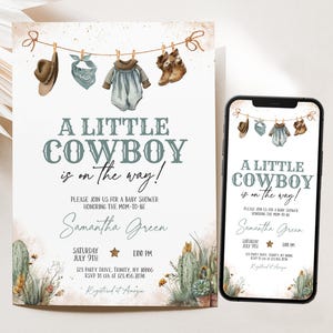 Pacchetto di inviti per baby shower modificabili "A Little Cowboy", invito per baby shower "Far West", invito per baby shower "Cowboy marrone e blu", invito per rodeo cactus BBS1066