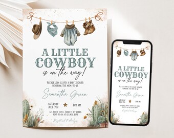May include: Baby shower invitation with a cowboy theme. The invitation features the text "A Little Cowboy is on the way!" and includes illustrations of cowboy boots, a hat, and a onesie. A smartphone displays the same design.