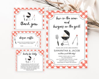 Editable BBQ Baby Shower Invitation Bundle, Backyard Baby Shower Invite, Baby-q Baby Shower, Bun in the Oven and Burger on the Grill,BBS311