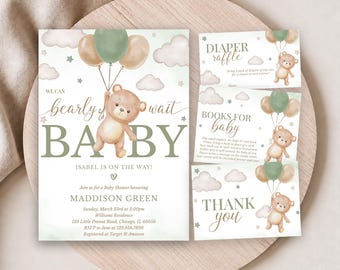 Puede incluir: Un conjunto de invitaciones para baby shower con un osito de peluche en acuarela que sostiene tres globos, con nubes y estrellas. El texto dice: We can bearly wait baby, Isabel is on the way, Maddison Green, Sunday March 23rd at 3:00pm, Diaper Raffle, Books for Baby y Thank you.