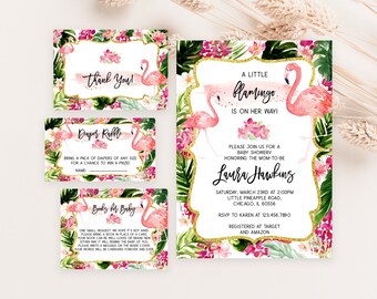 Editable Floral Flamingo Baby Shower Invitation Bundle, Tropical Flamingo Baby Shower Invite, Little Flamingo Baby Shower Invitation, BBS197