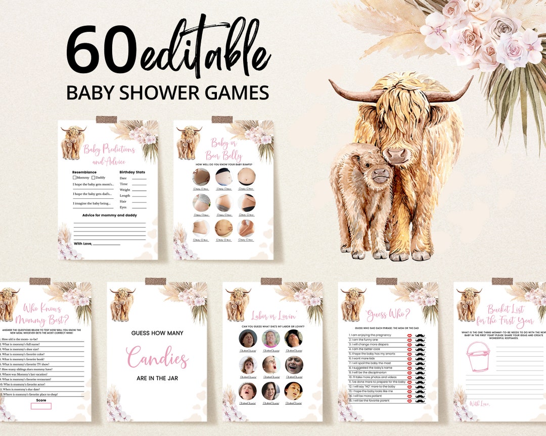 Paquete editable de juegos de baby shower Holy Cow, paquete de juegos de  baby shower Girl Highland Cow, juegos de vacas Pink Boho Highland, Pampas  Grass BBS472 - Etsy México