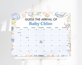 Editable Boy Under the Sea Baby Shower Guess Baby's Arrival, Ocean Baby Shower Due Date Calendar, Blue Nautical Baby Shower, BBS368
