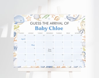 Puede incluir: Un calendario azul y blanco con un diseño de temática marina. El calendario es para los meses de abril y mayo. El texto "Adivina la llegada de Baby Chloe" está en la parte superior del calendario. La fecha de parto está marcada en el calendario.