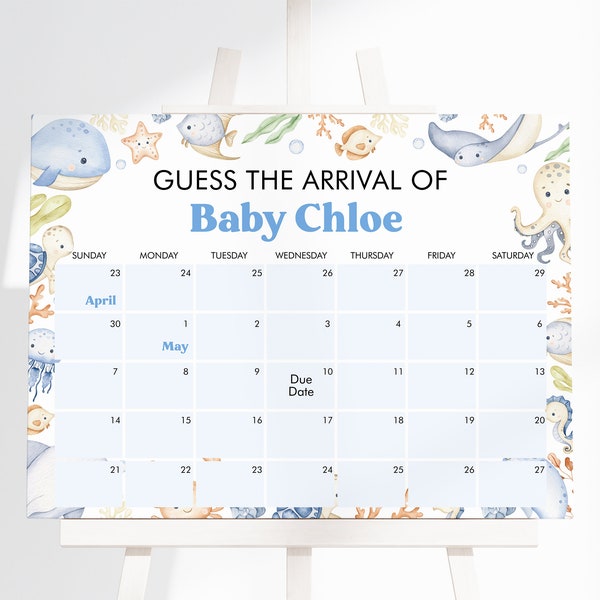 Editable Boy Under the Sea Baby Shower Guess Baby's Arrival, Ocean Baby Shower Due Date Calendar, Blue Nautical Baby Shower, BBS368