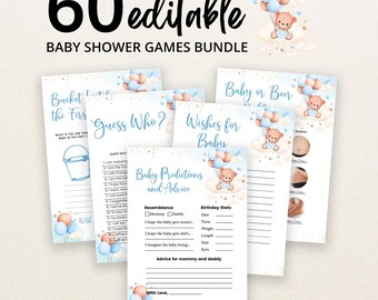 May include: A bundle of 60 editable baby shower game cards featuring a watercolor teddy bear holding blue and peach balloons. The cards include titles like Baby Predictions and Advice, Guess Who, and Bucket List for the First Year.