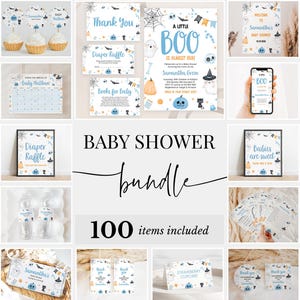 Editable Blue A Little Boo Baby Shower Bundle, Boy Halloween Baby Shower Invitation Pack, Ghost Halloween Baby Shower Game Package, BBS496