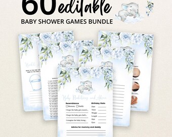 Editable Blue Boy Elephant Baby Shower Game Bundle, Blue Floral Elephant Baby Shower Game Pack, Sleeping Baby Elephant Games, BBS376
