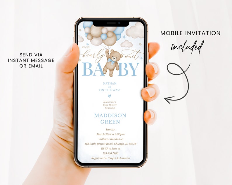 May include: A blue and white baby shower invitation featuring a teddy bear holding balloons. The invitation reads "We can barely wait" and "Baby". It includes the name Nathan, the date and time of the shower, the location, and RSVP details.