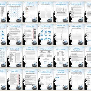 May include: A set of 20 printable baby shower game cards featuring a witch and cauldron theme. The cards are blue and white with a black silhouette of a pregnant woman. The games include "Baby Around the World", "Baby Shower Gift Bingo", "Baby Food Guessing Game", "Baby Name Row", "Baby Predictions and Advice", "Baby Word Scramble", "Celebrity Baby Names", "Guess That Baby Animal", "Mommy's Allegory Quiz", "Old Wives Tales", "Animal Pregnancy", "Baby Time Game", "Where Was She?", "Advice for the Mommy", "Find the Sweet Spot Bingo", "The Price is Right", "What's in the Diaper Bag?", "What's on your plate?", "What's in your purse?", "Who Knows Mommy Best?", "Who Knows Daddy Best?", "Wishes for Baby", "Guess Who?", "Over or Under?", "Name that Baby Song", "Bucket List for the First Year", "Name That Tune", "Storybook Character Match".