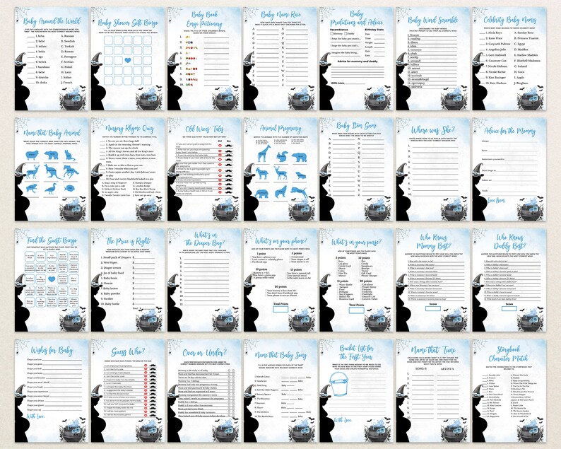 May include: A set of 20 printable baby shower game cards featuring a witch and cauldron theme. The cards are blue and white with a black silhouette of a pregnant woman. The games include "Baby Around the World", "Baby Shower Gift Bingo", "Baby Food Guessing Game", "Baby Name Row", "Baby Predictions and Advice", "Baby Word Scramble", "Celebrity Baby Names", "Guess That Baby Animal", "Mommy's Allegory Quiz", "Old Wives Tales", "Animal Pregnancy", "Baby Time Game", "Where Was She?", "Advice for the Mommy", "Find the Sweet Spot Bingo", "The Price is Right", "What's in the Diaper Bag?", "What's on your plate?", "What's in your purse?", "Who Knows Mommy Best?", "Who Knows Daddy Best?", "Wishes for Baby", "Guess Who?", "Over or Under?", "Name that Baby Song", "Bucket List for the First Year", "Name That Tune", "Storybook Character Match".