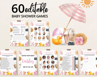 Editable Splish Splash Baby Bash Girl Baby Shower Game Bundle, Girl Summer Baby Shower Game Pack, Pink Beach Summer Shower Games, BBS706