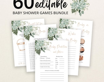 May include: A bundle of 60 editable baby shower game cards featuring green succulent and fern illustrations. The cards include titles like Bucket List for Baby, Guess Who, Baby Predictions and Advice, Wishes for Baby, and Baby or Belly with text.