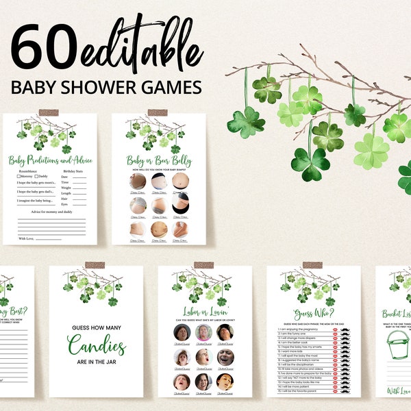 Editable A Little Lucky Charm Baby Shower Game Bundle, St. Patrick's Day Clover Baby Shower Game Pack, Shamrock, Lucky One, BBS361