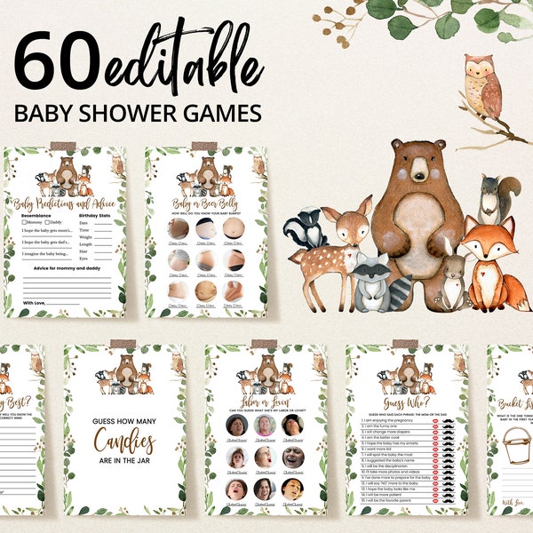 Lot de jeux modifiables pour baby shower des bois, jeux de baby shower garçons des bois, pack de jeux animaux de la forêt, baby shower de verdure des bois, BBS301