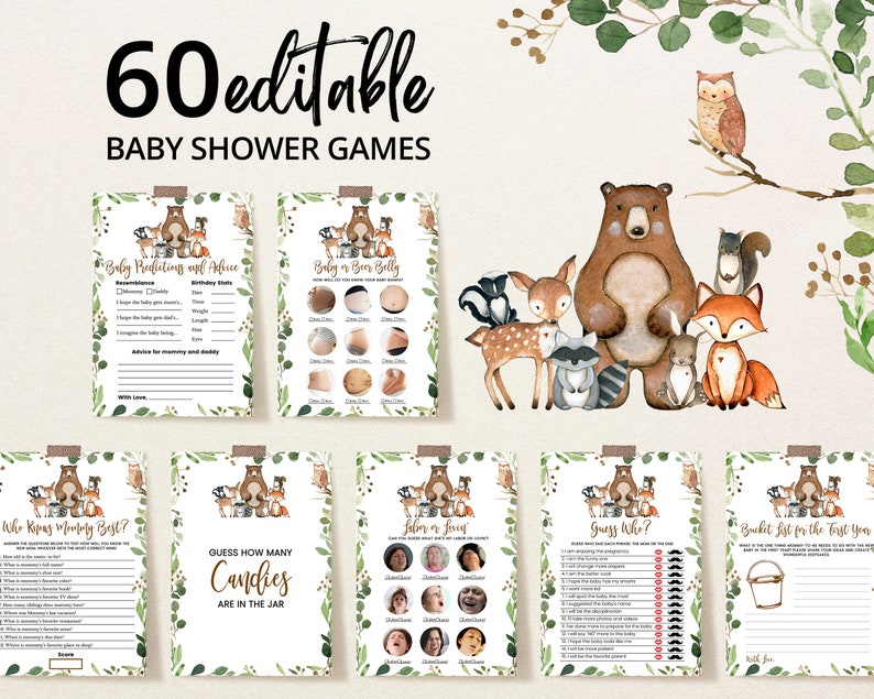 Editable Woodland Baby Shower Game Bundle, Boy Woodland Baby Shower Games, Woodland Animals Game Pack, Greenery Woodland Baby Shower, BBS301 zdjęcie 1