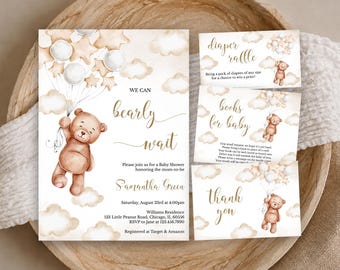 May include: A baby shower invitation set featuring a brown teddy bear holding white balloons and stars against a background of beige clouds. The text includes "We can bearly wait," "Diaper raffle," "Books for baby," and "Thank you" in gold script.
