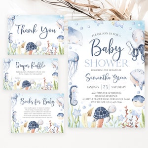Pacchetto di inviti modificabili per baby shower sotto il mare per bambini, invito per baby shower con oceano, baby shower con creature marine, baby shower nautico per bambini, BBS703