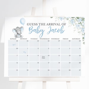 Bearbeitbarer blauer Elefant-Babyparty Erraten Sie die Ankunft des Babys, Jungen-Elefant-Dusche Fälligkeitsdatumskalender, Blumenelefantendusche, kleine Erdnuss, BBS714