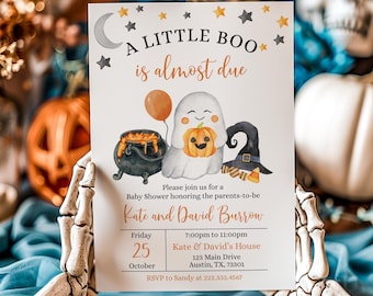 May include: A Halloween-themed baby shower invitation with the text "A Little Boo is almost due." The invitation features a cartoon ghost holding a pumpkin, a witch's hat, and a cauldron. The invitation includes the date, time, and location.