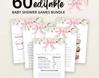 May include: A bundle of 60 editable baby shower game cards featuring a pink bow and floral illustration at the top. The cards include text for baby predictions, advice, and various game prompts printed in black ink on a white background.