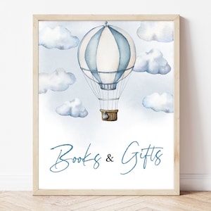 Bücher und Geschenke Schild Abenteuer erwartet Babyparty, Blauer Heißluftballon Babyparty Geschenke Tisch Schild, Junge Abenteuer erwartet Dusche, BBS317