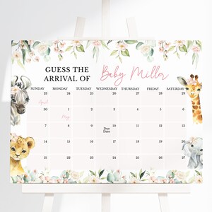 May include: A white calendar with a floral border and a pink title that says "Guess the Arrival of Baby Millar". The calendar is for April and May and has a due date marked on the 9th of May. There are animal illustrations on the calendar, including a zebra, lion, giraffe, and elephant.