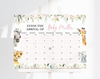 May include: A white calendar with a floral border and a pink title that says "Guess the Arrival of Baby Millar". The calendar is for April and May and has a due date marked on the 9th of May. There are animal illustrations on the calendar, including a zebra, lion, giraffe, and elephant.