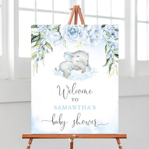 Segno di benvenuto modificabile per la doccia per bambini con elefante blu, poster di benvenuto per la doccia per bambini con elefante floreale blu, decorazione per l'elefante che dorme, BBS376