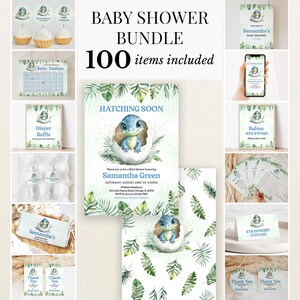 May include: A baby shower bundle featuring 100 items with a dinosaur hatching from an egg theme. Includes invitations, signs, tags, and labels with green tropical leaves, blue text, and the name Samantha Green on various printed paper stationery.