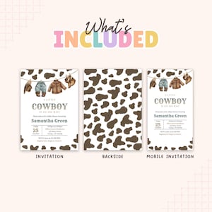 May include: A set of baby shower invitations featuring a brown cow print pattern. The design includes watercolor illustrations of a cowboy hat, jeans, jacket, and boots hanging on a clothesline with the text A LITTLE COWBOY IS ON HIS WAY.