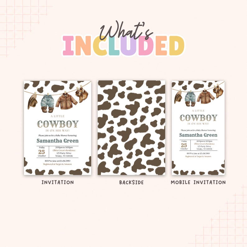 May include: A set of baby shower invitations featuring a brown cow print pattern. The design includes watercolor illustrations of a cowboy hat, jeans, jacket, and boots hanging on a clothesline with the text A LITTLE COWBOY IS ON HIS WAY.