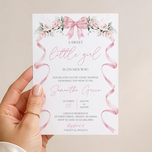 Editable Pink Bow Baby Shower Invitation, Bow Girl Baby Shower Invite, Sweet Little Girl Floral Ribbon Baby Shower Invite,BBS979