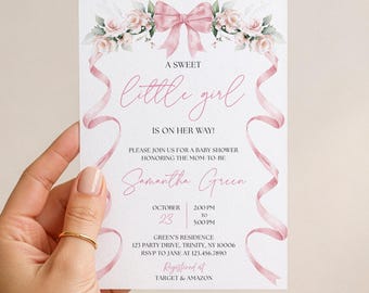 Editable Pink Bow Baby Shower Invitation, Bow Girl Baby Shower Invite, Sweet Little Girl Floral Ribbon Baby Shower Invite,BBS979