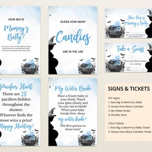May include: A set of printable Halloween baby shower game signs with a witch and cauldron theme. The signs include "How Big is Mommy's Belly?", "Guess How Many Candies Are in the Jar", "My Water Broke", and "Pacifier Hunt".