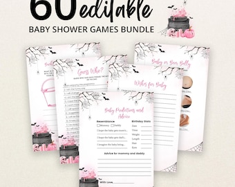 May include: A bundle of 60 editable baby shower game cards featuring a Halloween theme with black spiderwebs, bats, and pink bubbling cauldrons. The cards include titles like Guess Who, Wishes for Baby, and Baby Predictions and Advice.