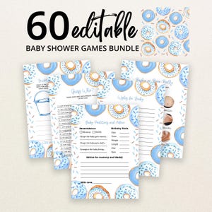 Może przedstawiać: Zestaw arkuszy do gier na baby shower z akwarelowym wzorem pączków z niebieskim lukrem i posypką. Tekst zawiera 60 editable baby shower games bundle, Guess Who, Wishes for Baby oraz Baby Predictions and Advice.
