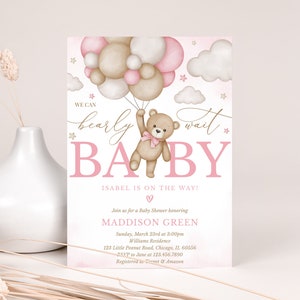 Editable Brown Bear Balloon Baby Shower Invitation, We Can Bearly Wait Baby Shower Invite, Pink Boho Bear Girl Baby Shower, BBS389