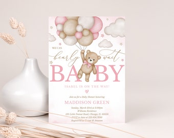 Editable Brown Bear Balloon Baby Shower Invitation, We Can Bearly Wait Baby Shower Invite, Pink Boho Bear Girl Baby Shower, BBS389