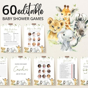 Editable A Little Wild One Baby Shower Game Bundle, Safari Jungle Baby Shower Game Pack, Greenery Safari Animals Baby Shower Games, BBS340